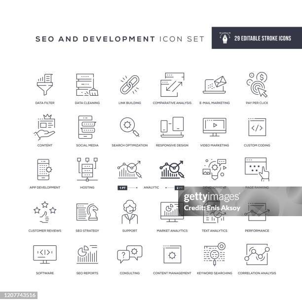 ilustraciones, imágenes clip art, dibujos animados e iconos de stock de iconos de línea de trazos editables seo y desarrollo - market research