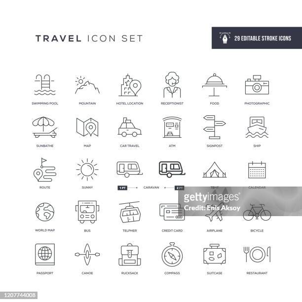 stockillustraties, clipart, cartoons en iconen met pictogrammen voor reisbewerkbare lijnen - reizen