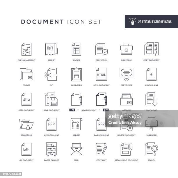 ilustraciones, imágenes clip art, dibujos animados e iconos de stock de documentar iconos de línea de trazo editables - contract