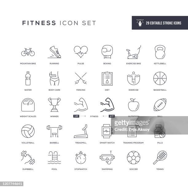 ilustraciones, imágenes clip art, dibujos animados e iconos de stock de iconos de línea de trazo editables de fitness - deporte