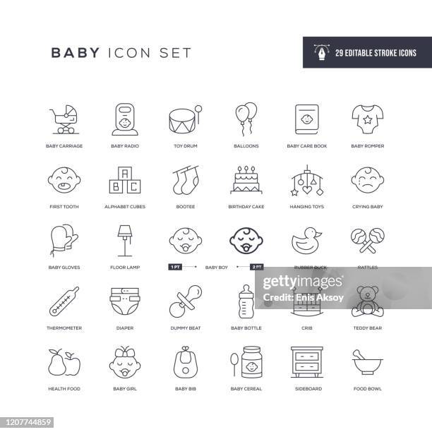 stockillustraties, clipart, cartoons en iconen met baby bewerkbare lijnpictogrammen - schaal serviesgoed