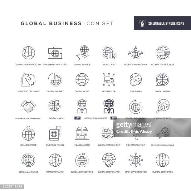 global business editable stroke line icons - global business stock illustrations