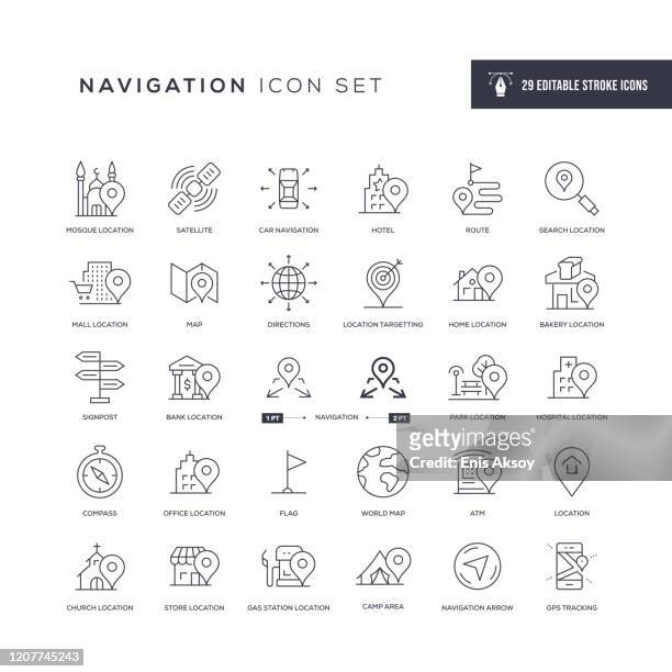 illustrazioni stock, clip art, cartoni animati e icone di tendenza di icone della linea del tratto modificabile per la navigazione - direzione