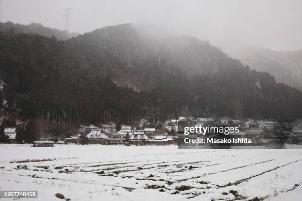 tranquil winter landscape with snow covered traditional japanese thatched roof houses and farm field in a snowy day.fog lies over the mountains covered with cedar trees. miyama kayabuki-no-sato village ,kyoto prefecture,japan. - kyoto covered with first snow of the season stock-fotos und bilder