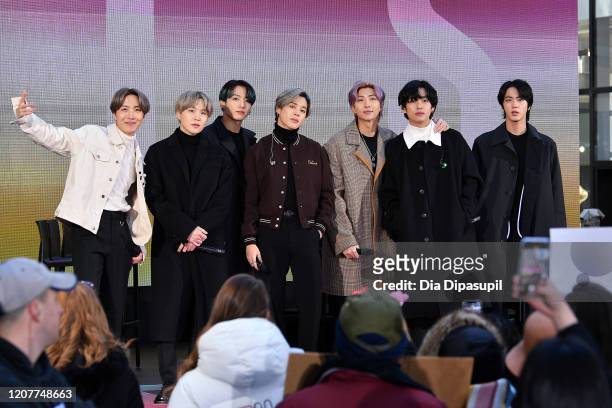 Hope, SUGA, Jungkook, Jimin, RM, V, and Jin of the K-pop boy band BTS visit the "Today" Show at Rockefeller Plaza on February 21, 2020 in New York...