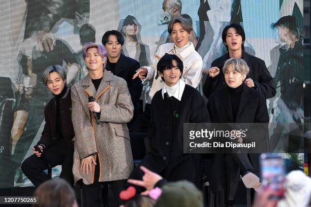 Jimin, RM, Jungkook, V, J-Hope, Jin, and SUGA of the K-pop boy band BTS visit the "Today" Show at Rockefeller Plaza on February 21, 2020 in New York...