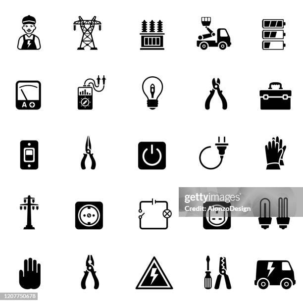 ilustraciones, imágenes clip art, dibujos animados e iconos de stock de conjunto de iconos de electricidad - reflective clothing