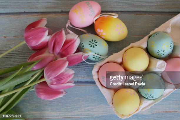 easter eggs and pink tulips. flat lay - easter eggs basket stock-fotos und bilder
