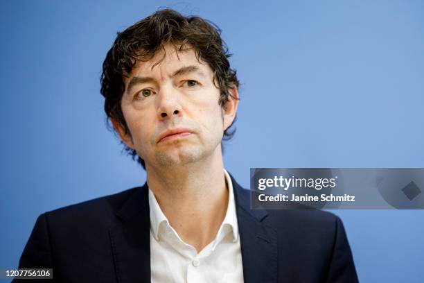 Christian Drosten, Director of the Institute for Virology at Charite Berlin hospital, speaks to the media during a press conference on the spread of...