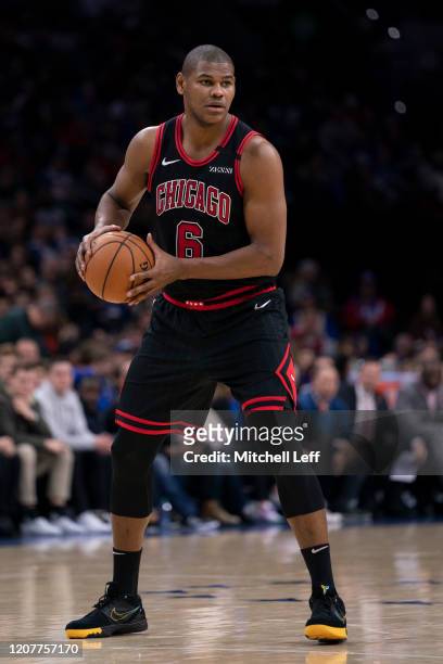 Cristiano Felicio of the Chicago Bulls controls the ball against the Philadelphia 76ers at the Wells Fargo Center on February 9, 2020 in...
