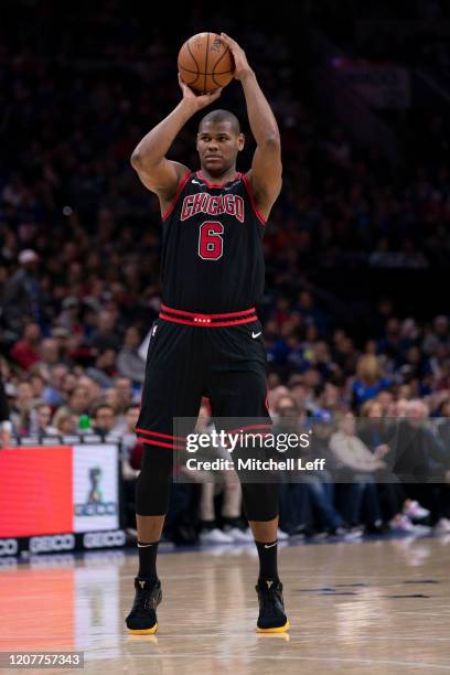 Cristiano Felicio of the Chicago Bulls shoots the ball against the Philadelphia 76ers at the Wells Fargo Center on February 9, 2020 in Philadelphia,...