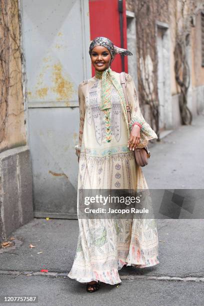 Halima Aden is seen leaving the Etro fashion show on February 21, 2020 in Milan, Italy.