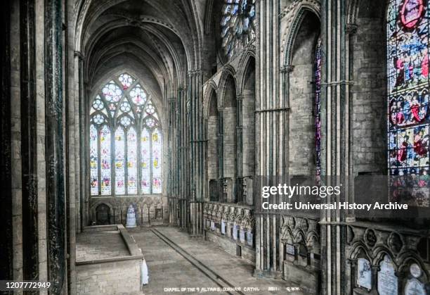 Hand coloured magic lantern slide circa 1900. Durham Cathedral,nine alters with St Cuthberts Shrine.