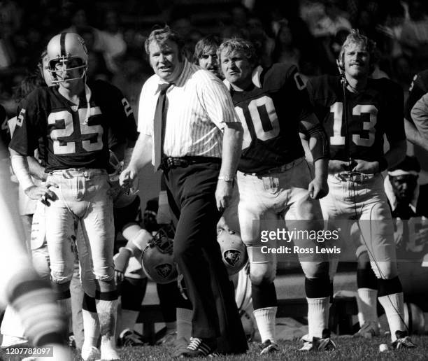 John Madden, Oakland Raiders coach, during an NFL football game against the Cleveland Browns at Cleveland Municipal Stadium on October 6, 1994. The...