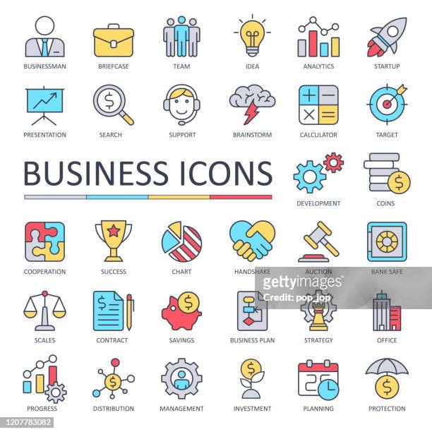 stockillustraties, clipart, cartoons en iconen met business finance economy icons - thin line color vector - nieuw bedrijf
