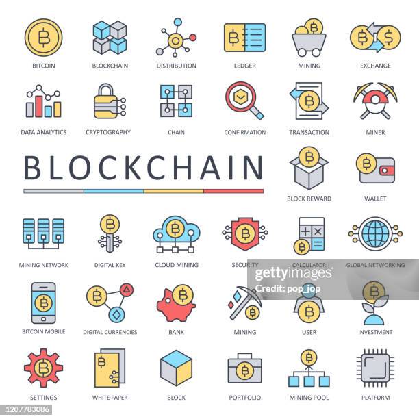 stockillustraties, clipart, cartoons en iconen met blockchain cryptogeld bitcoin-pictogramsetkleur - dunne lijn - ledger