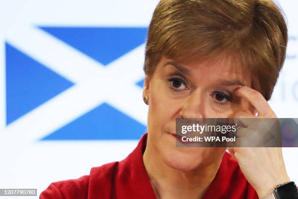 Scotland's First Minister Nicola Sturgeon speaks during a coronavirus update briefing on March 20, 2020 in Edinburgh, Scotland. Coronavirus has...