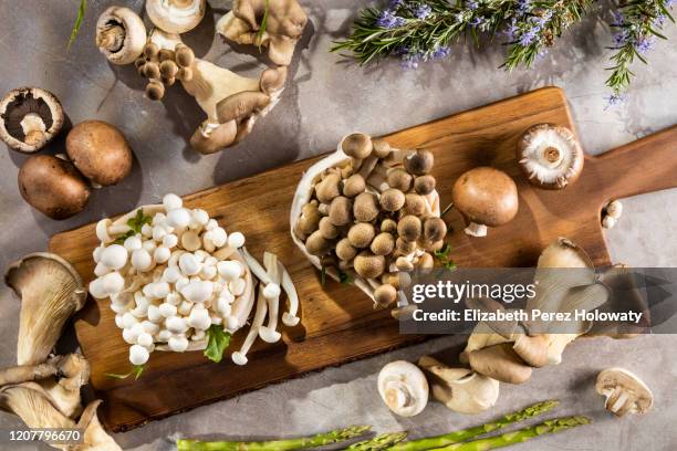 still life of natural mushrooms - trompeten pfifferling stock-fotos und bilder