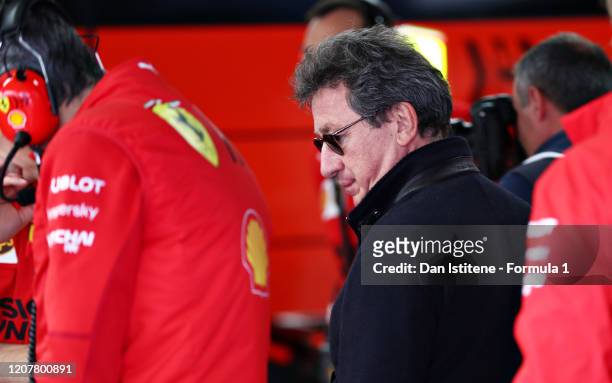 Ferrari CEO Louis C. Camilleri looks on in the garage during day three of F1 Winter Testing at Circuit de Barcelona-Catalunya on February 21, 2020 in...