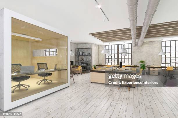 large modern office space with cubicle - soundproof wall stock pictures, royalty-free photos & images