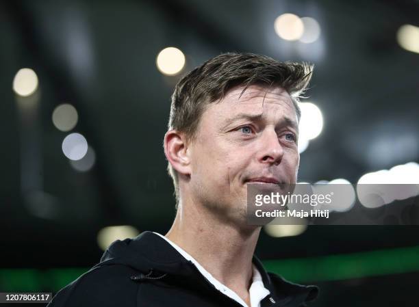 Jon Dahl Tomasson head coach of Malmo FF looks on prior to the UEFA Europa League round of 32 first leg match between VfL Wolfsburg and Malmo FF at...