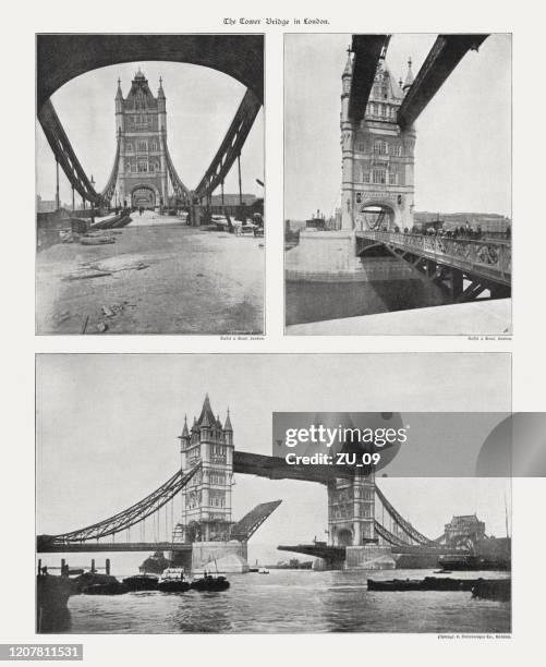 historical views from tower bridge in london, halftone prints, 1895 - tower bridge stock illustrations