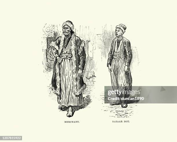 merchant and bazaar boy, beirut, 19th century - asian market vendor stock illustrations