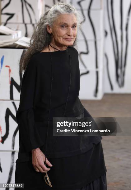 Benedetta Barzini walks the runway during the Daniela Gregis fashion show as part of Milan Fashion Week Fall/Winter 2020-2021 on February 20, 2020 in...