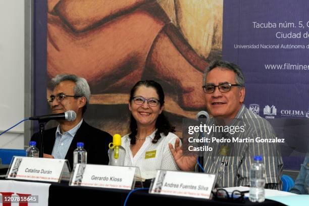 Arnulfo de Santiago, Catalina Durán and Gerardo Kloss attend the presentation of the Book, “El linotipo llega a México” as part of the 41° Palacio de...