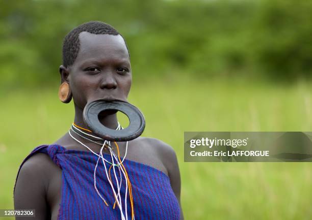 Surma woman watching a Donga session in Omo valley, Ethiopia on July 04, 2010 - Piercing and lip plates are a strong part of the Suri culture. These...