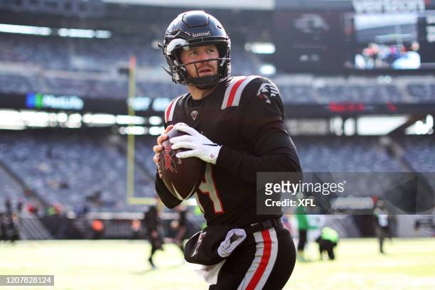 Matt McGloin of the New York Guardians warms up before the XFL game against the Tampa Bay Vipers at MetLife Stadium on February 9, 2020 in East...