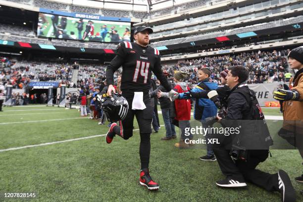 Matt McGloin of the New York Guardians runs on to the field before the XFL game against the Tampa Bay Vipers at MetLife Stadium on February 9, 2020...