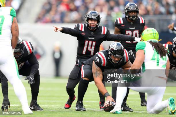 Matt McGloin of the New York Guardians calls out protections during the XFL game against the Tampa Bay Vipers at MetLife Stadium on February 9, 2020...