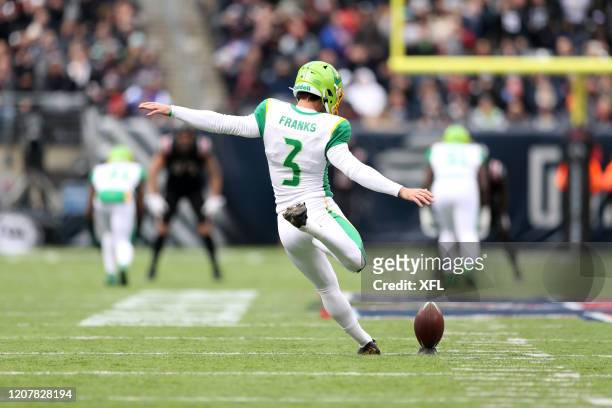 Andrew Franks of the Tampa Bay Vipers kicks off during the XFL game against the New York Guardians at MetLife Stadium on February 9, 2020 in East...