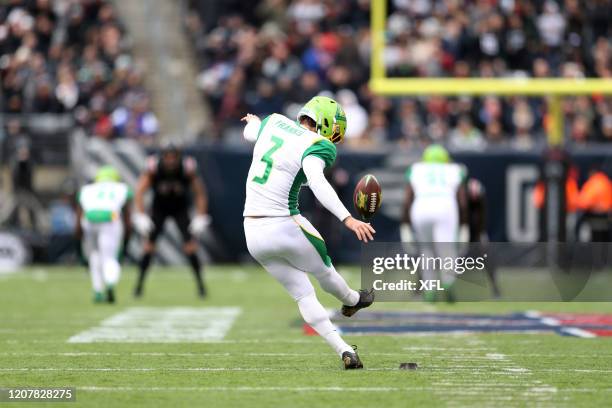 Andrew Franks of the Tampa Bay Vipers kicks off during the XFL game against the New York Guardians at MetLife Stadium on February 9, 2020 in East...