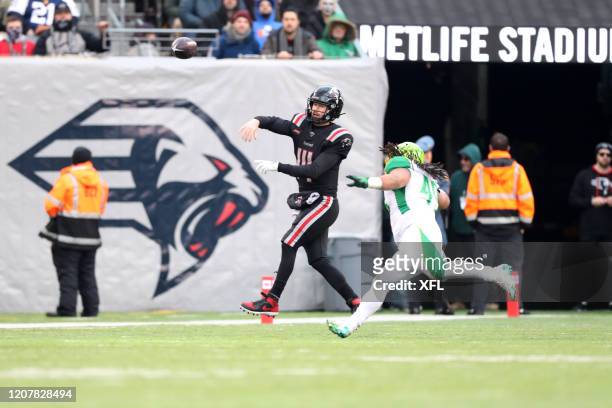 Matt McGloin of the New York Guardians passes the ball during the XFL game against the Tampa Bay Vipers at MetLife Stadium on February 9, 2020 in...