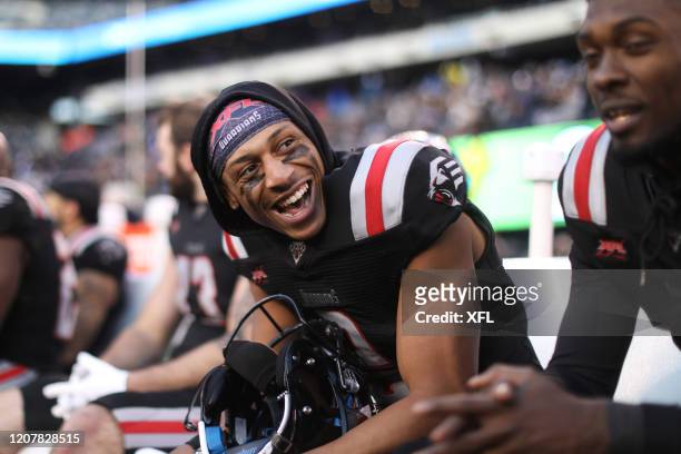 Joe Horn of the New York Guardians smiles during the XFL game against the Tampa Bay Vipers at MetLife Stadium on February 9, 2020 in East Rutherford,...