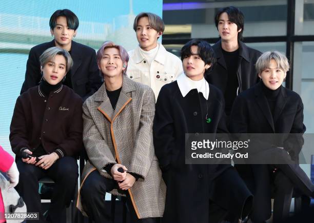 Jimin, Jungkook, RM, J-Hope, V, Jin, and SUGA of the K-pop boy band BTS visit the "Today" Show at Rockefeller Plaza on February 21, 2020 in New York...
