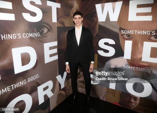 Isaac Powell wearing a suit by Celine poses at the opening night after party for the revival of Ivo van Hove's "West Side Story" on Broadway at The...
