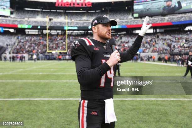 Matt McGloin of the New York Guardians addresses the crowd before the XFL game against the Tampa Bay Vipers at MetLife Stadium on February 9, 2020 in...