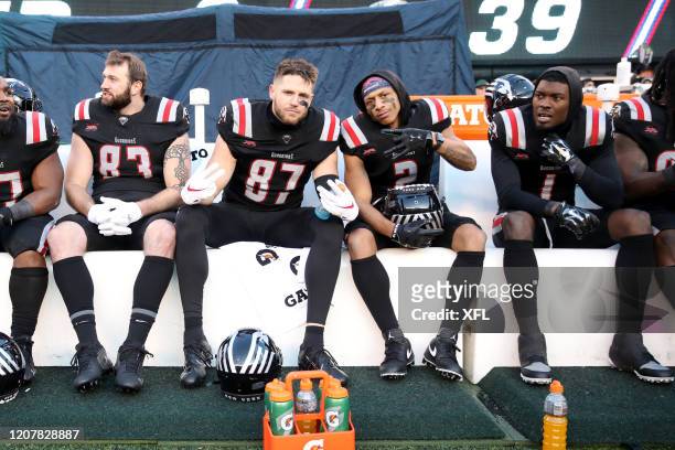 Jake Powell and Joe Horn of the New York Guardians pose for a photo during the XFL game against the Tampa Bay Vipers at MetLife Stadium on February...