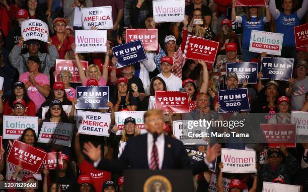 President Donald Trump speaks to the crowd at a campaign rally at Las Vegas Convention Center on February 21, 2020 in Las Vegas, Nevada. The upcoming...