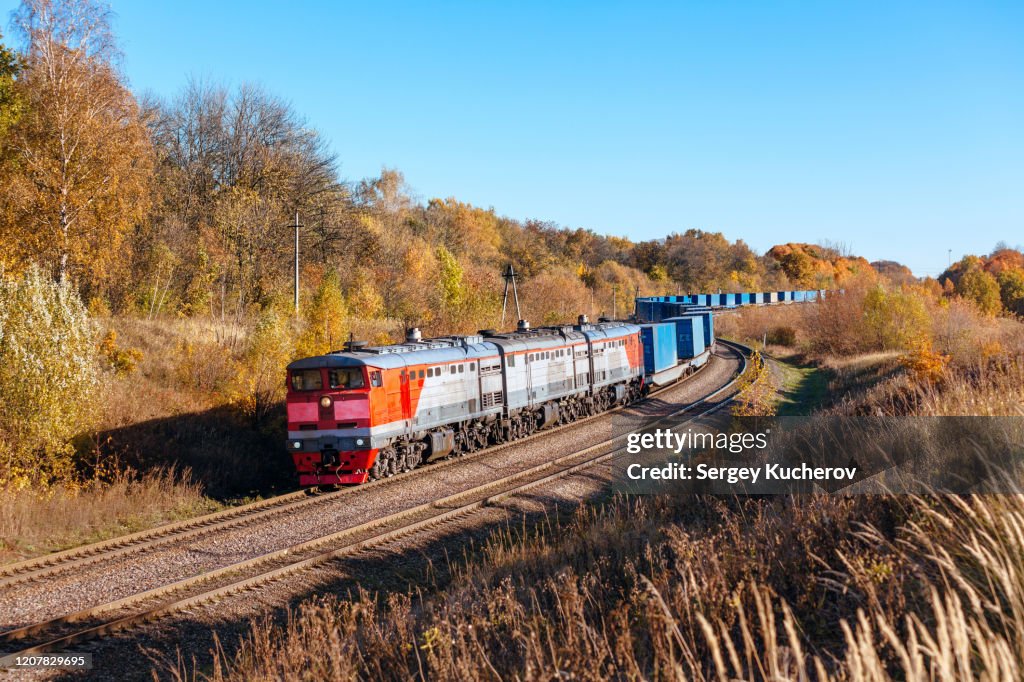 Diesel Container Train Powerful Diesel Locomotive With A Container Train High-Res Stock Photo ...
