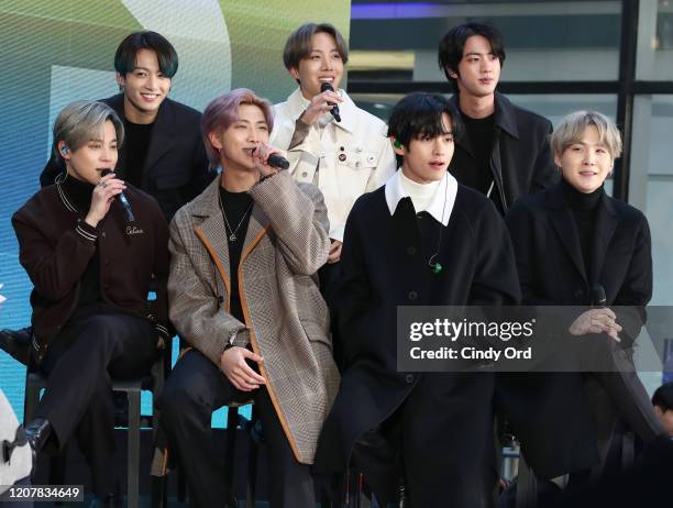 Jimin, Jungkook, RM, J-Hope, V, Jin, and SUGA of the K-pop boy band BTS visit the "Today" Show at Rockefeller Plaza on February 21, 2020 in New York...