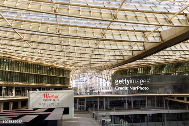 Les Halles shopping centre is closed and empty in the context of national containment following the corona virus epidemic in Paris, France, on March...