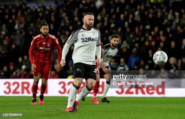 Wayne Rooney of Derby scores the opening goal from a 'Panenka' penalty during the Sky Bet Championship match between Derby County and Fulham at Pride...
