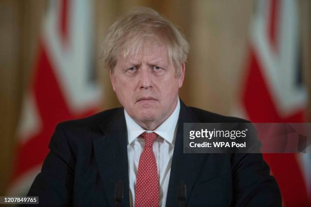 British Prime Minister Boris Johnson speaks during a daily press conference at 10 Downing Street on March 20, 2020 in London, England. During the...