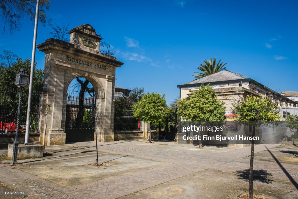 The entrance to Gonzalez Byass Tio Pepe bodegas in Jerez Spain