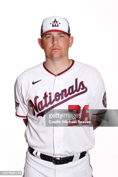 Will Harris of the Washington Nationals poses for a photo during Photo Day at FITTEAM Ballpark of the Palm Beaches on February 21, 2020 in West Palm...