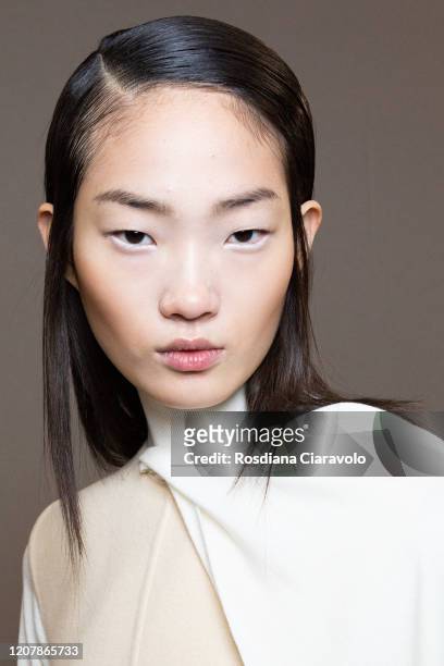 HyunJi Shin is seen backstage at the Sportmax fashion show on February 21, 2020 in Milan, Italy.